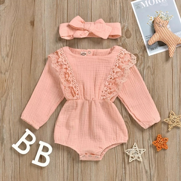 Other - Coral Pink Long Sleeve Lace Muslin Baby Onesie & Matching Bow